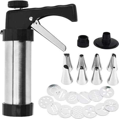 Bugucat Gebäckpresse aus Edelstahl, Spritzgebäck- und Tortenspritze mit 13 Schablonen und 8 Tüllen, DIY Backzubehör für Kuchen und Kekse