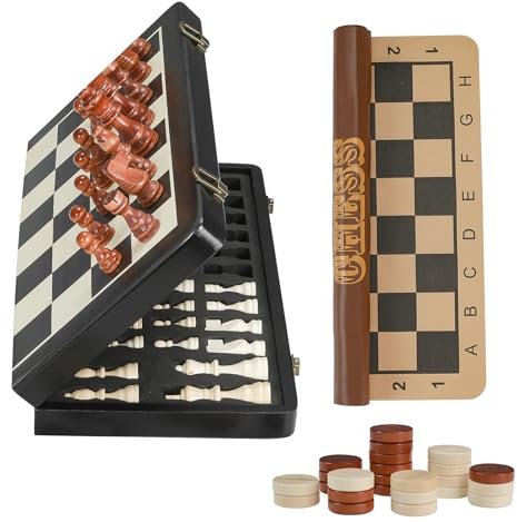 Joneytech 2 In 1 Magnetisches Schachspiel，39cmX39cm Schachbrett Holz Faltbares Schach Dame Set Reise-Schachbrettmatte 2 extra Königinnen Schach für Erwachsene Für Anfänger und Profis Chess Board