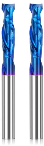 Lot de 2 fraises en spirale - Fraises à compression Up Down - Diamètre de coupe de 1/4 avec revêtement nano bleu - Tige de 1/4 - Fraise à queue CNC en carbure de tungstène pour sculpture sur bois,
