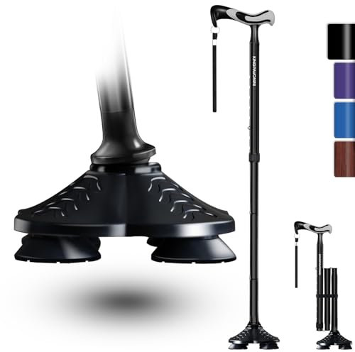 KingPavonini Canne de Marche Stable pour Hommes&Femmes, Canne Pliable Autonome, Poignée Ergonomique avec Base Pivotante à Quatre Pieds, Résistant jusqu'à 159 kg,pour Personnes Âgées,avec Sac de Voyage