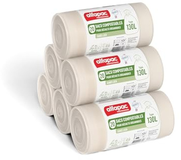 Alfapac professionnel - Carton de 100 sacs-poubelle compostables - Grande capacité 130L - 5 rouleaux de 20 sacs - Sans lien - Pour déchets organiques