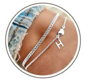 DORANA Anklets for Women Silver Waterproof Initial Anklets with Letter Heart Charm Women Adjustable Ankle Chains Foot Gift for Her Initial Foot Jewelry,H