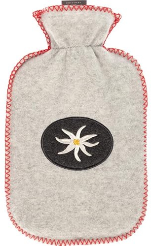 Fashy Bolsa de agua caliente de 2,0 L con funda de forro polar, aplicación Edelweiss con costuras decorativas, color rojo