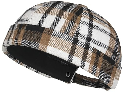 DIYDECAL Striped Plaid Brimless Worker Cap,Retro Skullcap Docker Hat for Men Womens Coffee