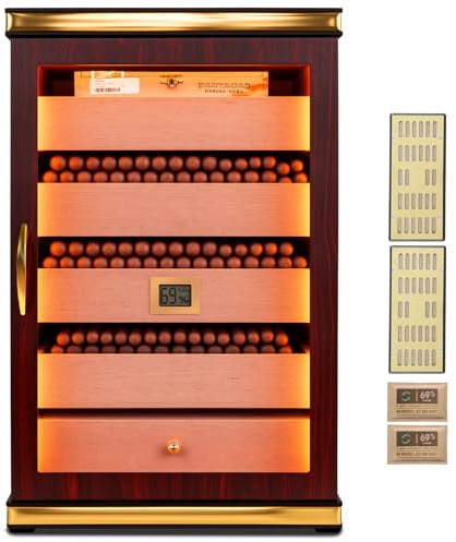 Cigar Humidor, Desktop Cigar Humidor Cabinet Triple-Sided Light with Digital Hygrometer, Humidifier and Humidity Packs. 5 Cedar Wood Drawers,Humidor Cigar Box can Hold 500 Cigars. Present for Men