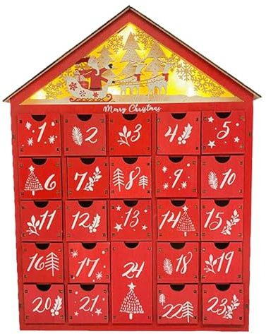 Calendario dell'Avvento in legno a forma di casa, con 24 cassetti ricaricabili, decorazione per la casa dei bambini