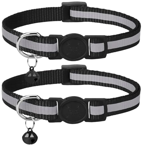 KNUIUYY 2 Pièces Réfléchissant Collier Chat, Collier pour Chat Anti-étranglement avec Cloche et Boucle de Sécurité, Noir Colliers Réglable 19-32cm Convient à la Plupart des Chats Domestiques