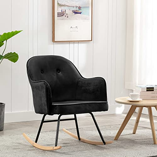 Faucqir Gungstol, svart sammet med bokträben och pulverlackerad järnram, 60 x 74 x 84 cm för vardagsrum, terrass, balkong, trädgård, veranda, relaxstol, bekväm amningsstol