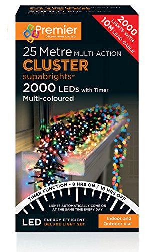 Premier Decorations - 2000 Multi Action Cluster LED Lights with Timer - Multi-Colour