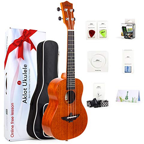 Left Handed Concert Ukulele AKLOT Top Solid Mahogany 23 Inch Uke with Free Tutorial and Beginner Kit (Gig Bag, Picks, Tuner, Strap, String, Cleaning Cloth)