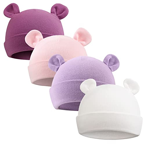PESAAT Newborn Hospital Hat 0-12Months Preemie Boys Girls Beanie Solid Infant Baby Hats Autumn Winter (US, Age, 0 Months, 6 Months, Double Layer/4Pack-B)