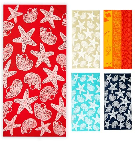 ZOLLNER Strandtuch - Flauschiges und saugstarkes Badetuch in 90x180 cm - waschbar bis 60°C - Baumwolle - maritimes Muster mit Seesternen und Muscheln in rot - Oeko Tex® Zertifiziert