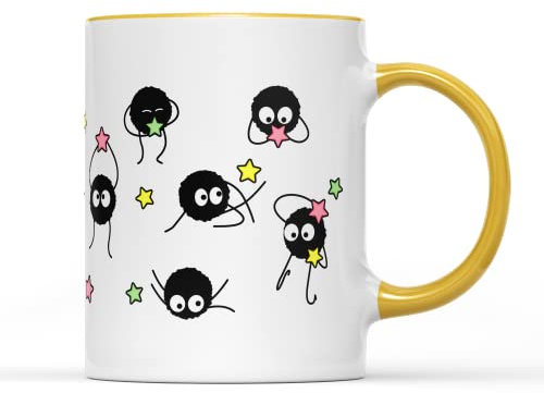 SmartyPants Soot Sprites - Tazza da caffè con manico in ceramica resistente, rivestita, lavabile in lavastoviglie, adatta al microonde (manico giallo prime)
