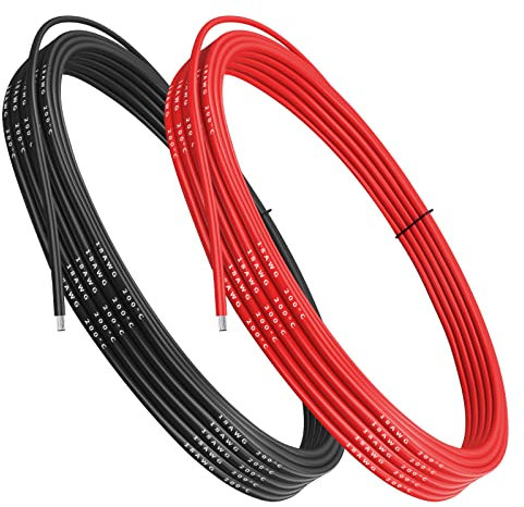 Makerfire Câble en silicone de calibre 18, câble électrique 18 AWG 5 m [2,5 m noir et 2,5 m rouge], flexible 150 brins 0,08 mm de fil haute température en cuivre étamé pour voiture RC, marine, drone