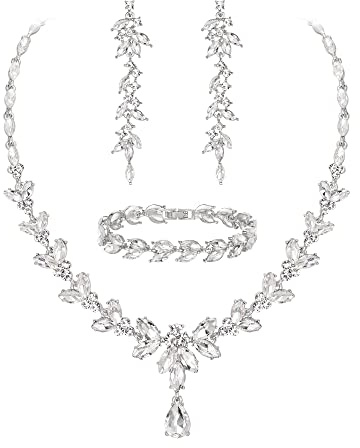 EVER FAITH Rhinestone Wedding Bridesmaid Jewelry Sets, Elegant Marquise Crystal Leaf Necklace Dangle Earrings Tennis Bracelet Set Clear