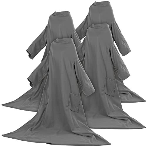 Wilson Gabor Fleecedecke mit Ärmeln: 4er-Set Fleece-Kuscheldecken, Ärmel, Mikrofaser, anthrazit, 150x200 cm (Decke zum Anziehen, Kuscheldecke mit Ärmeln, Hausanzug)