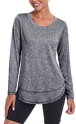 Deaviya Womens Long Sleeve Sports Tops UK, Sport Yoga T-Shirt Workout Running Tops, Crew Neck Quick Dry Golf Activewear Ladies Gym Sports Top, XL,Grey