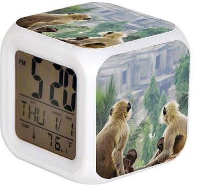 7 Color Change LED Digital Alarm Clock with Date Alarm Thermometer Home Desktop Child Alarm Clock Four Monkeys Sitting on Soil Watching Houses and Palm Trees