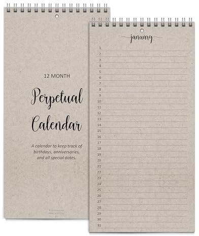 321Done Perpetual Calendar, Made in USA - 12-Month Wall Hanging Organizer, Simple Script Spiral-Bound Notepad for Important Dates, Anniversaries, Birthdays, Special Days Reminder - 5x10, Tan
