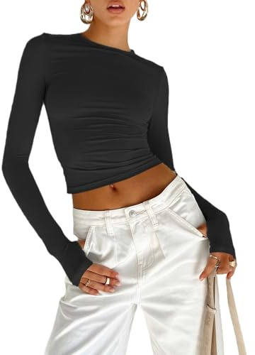 flintronic Maglietta a Manica Lunga Donna, Basic Girocollo, Aderente, T-Shirt Crop Top Camicetta Estetica-Nero/M