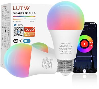 LUTW Lampadine Alexa Inteligente WiFi E27, Lampadina Smart Dimmerabile RGB 2700K-6500K 9W 900lm, Bluetooth e WiFi 2.4GHz, Compatibile con Alexa e Google Home, 2 pezzi (Nessun Hub Necessario)