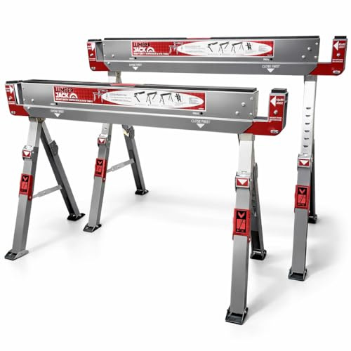 LUMBER JACK Saw Horse Twin Pack Folding Saw Horse, Supports up to 1180kg, Heavy-Duty, Adjustable Legs, Built-in Work Table, Carry Handle, Non-Slip Pivoting Rubber Feet