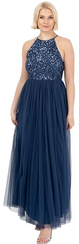 Maya Deluxe Damen Womens Ladies Bridesmaid Maxi Dress Halter Neck Sequin Embellished Prom Graduation Wedding Brautjungfernkleid, French Navy,
