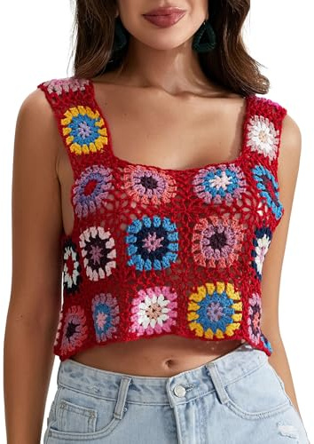 Débardeur en crochet pour femme avec pompons - Broderie florale colorée - Camisole d'été bohème - Vêtement de plage, 15_rouge, Taille Unique