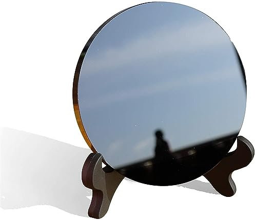 AUOQKQUT Miroir de cri d'obsidienne Noire Naturelle, Plaque Ronde en Pierre de Cristaux, Miroir de Sorcellerie, décor en Cristal avec étagère décoration d'intérieur(Size:18cm)