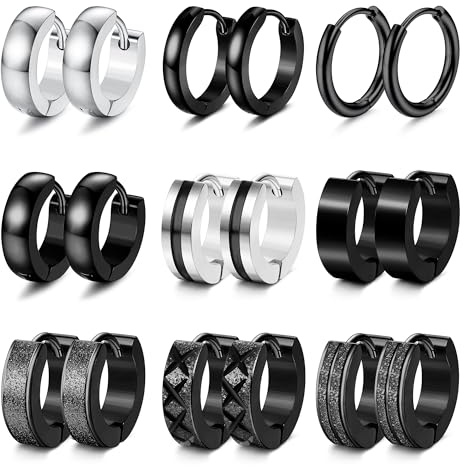 JeweBella 9 Pairs Mens Earrings Hoops Black Hoop Earrings for Men Women Boys Stainless Steel Earrings Classic Small Hoop Earring Set Helix Cartilage Earrings Hoop Huggie Earrings Men's Jewellery