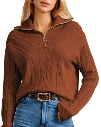 GRACE KARIN Damen-Pullover mit Langen Ärmeln und Viertelreißverschluss Lässig Modisch mit Reverskragen Braun XL