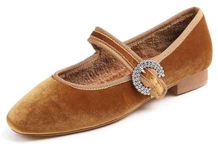 Feversole Women's Mary Jane Fashion Square Toe Easy Buckle Low Heel Slip On Flats Camel Velvet Size 6.5 UK
