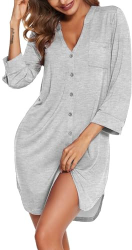 Ekouaer Nighties for Women Nightdress Striped Button Down Sleepwear 3/4 Sleeves Nightshirts Soft Nightgown V Neck Nightwear, Light Grey M