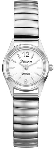 JewelryWe Damenuhr Kleine Elastische Uhren: Exquisite Analog Quarz Armbanduhr Damen Silber Edelstahl Stretcharmband Lässige Uhr mit Zugarmband & großen Zahlen Balkenskala