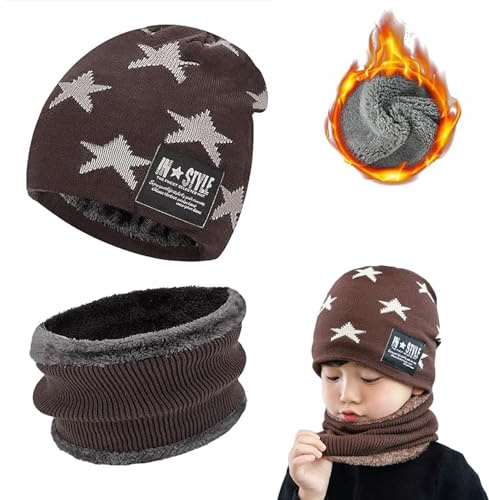 Ensemble Bonnet et Écharpe en Tricot D'hiver pour Enfant, avec Doublure Polaire, Tour de Cou pour Garcon Fille, Echarpe Tricot Chapeau pour Garcon Fille Cadeaux Noel, Chaud et Confortable, Kaki