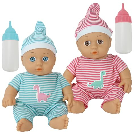 Twin Baby Dolls & Bottles Gift Set - 23cm Poseable Dolls with Feeding Bottles for Imaginative & Pretend Play – Play Set for Kids, Boys & Girls Christmas & Birthday - Pink & Blue, 3+ Years