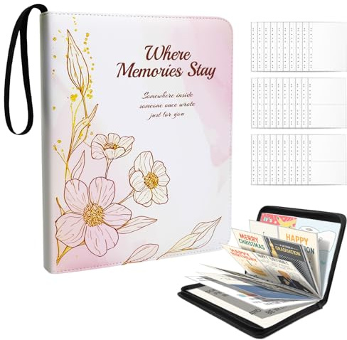 PZRLit Greeting Card Organizer Binder-100 Pockets Post Card Album Holder with Clear Sleeves Zipper,PU Leather Post Card Holder for 5x7/8 A4 Cards Photos, Crafts, Envelopes, Scrapbooking, Stickers