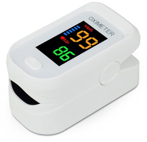 Oxímetro de Pulso Digital con Pantalla LED – Pulsioxímetro de Dedo – Medidor de Saturación de Oxígeno (SpO2) y Frecuencia Cardíaca – Display a Color – Clip Suave y Cordon de Transporte.