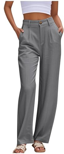 Pantalones Mujer Verano Anchos Suelto Rectos Cintura Alta Pantalon de Vestir Casual Elástica Pantalón Chino con Botones Cómodos Frescos Oficina Pantalones de Traje con Bolsillos