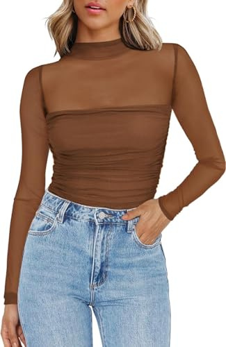Zeagoo Nättopp damer transparent t-shirt rund hals nätskjorta långärmad sexig fest toppar smal passform långärmad tröja klubbkläder, BRUN, XXL