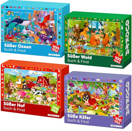 QUOKKA Puzzle pour Enfants de 3 4 5 Ans - Puzzle de 4x100 pièces pour Garçons et Filles de 5 6 Ans - Rechercher et Trouver Puzzle avec des Animaux et des Insectes - Cadeau Jouet pour Enfant 6 7 8 Ans