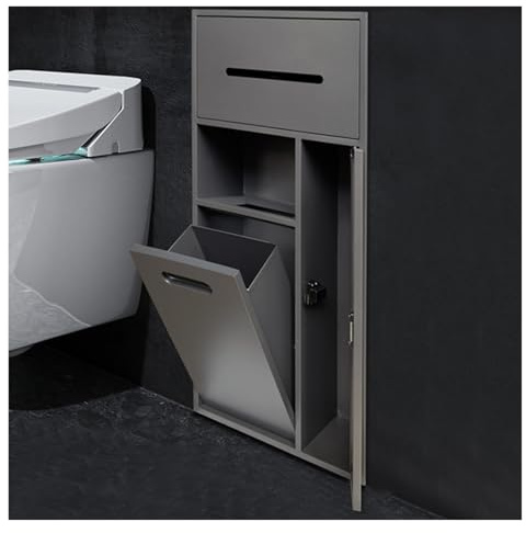 Baño de acero inoxidable con cubo de basura oculto, soporte de papel higiénico integrado, estante de almacenamiento para dormitorio, oficina, cocina, color gris, 30 x 65 x 14 cm