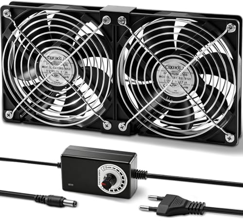 Silkwish 2 ventiladores para caja de 120 mm, 12 V, con protección de rejilla de metal, CA 220 V-240 V, control de velocidad ajustable, ventilador de refrigeración sin escobillas para ordenador