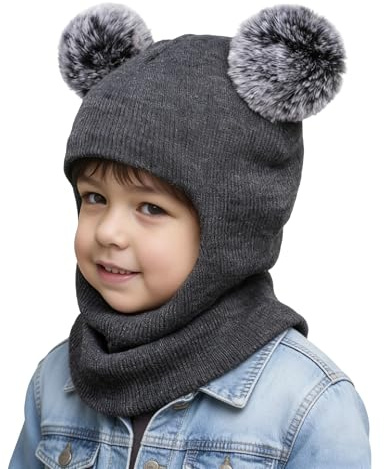 Fokroin Chaud tricoté Bonnet écharpe Ensemble Bonnet, 1 pièce, Gris foncé, Ensemble Chapeau Écharpe Multifonction Thermique Coupe-Vent, pour Enfants Garçons Filles 1-7 Ans