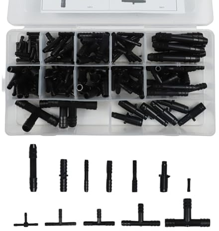 MonoSora Assortimento di 128 pezzi di connettori per tubi automobilistici con riduttori dritti e connettori a T in plastica nera di raffreddamento per carburante e sistemi di trasmissione