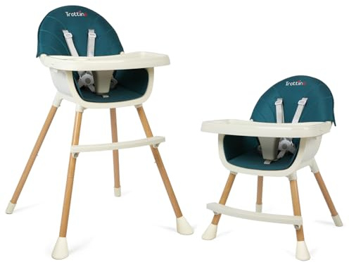 Trottine LORENTZ Chaise Haute Évolutive Design Esprit Bois, Longue Durée, Transformable en Chaise Enfant, 2 Hauteurs, Tablette Réglable Amovible, Surplateau, Coussin Lavable, Harnais 5-points - Cobalt