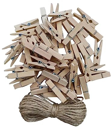 50PCS Small Wooden Clothespins for Pictures with Jute Twine Miniature Clothes Pins for Crafts Decor Drying Clothing Peg Natural Wood Shirt Clips