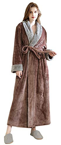 Womens Bathrobe Soft Fleece Dressing Gown Ladies Winter Warm Long Robes Housecoat Loungewear Fluffy Plush Nightwear, L, Y-coffee