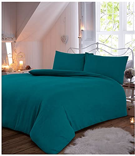 GC GAVENO CAVAILIA Easy Care Solid Flannel Duvet Cover with Matching Pillow Cases, 100% Brushed Cotton Luxury Quilt Set, Soft & Cosy Bed Linen, Teal, Kingsize Bedding