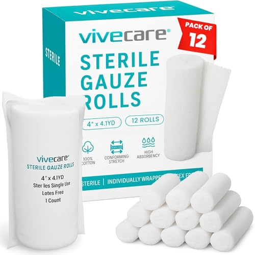 Vive Care XL Gauze Wrap Roll for Wounds (12 Count) Large Sterile Rolls - Individually Wrapped Medical Bandages HSA/FSA Approved - Extra Absorbent & Adhesive Gauze - 4x4.1 Yards